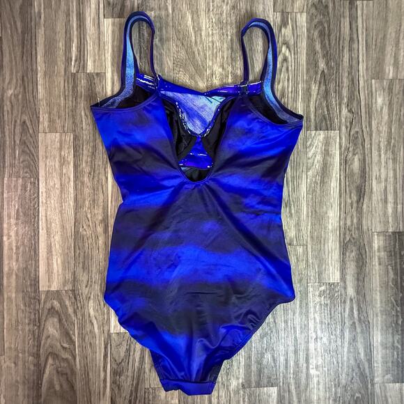 Blue Ruched One Piece Swimsuit Shiny Print Adjustable Straps Size Medium - Picture 1 of 4